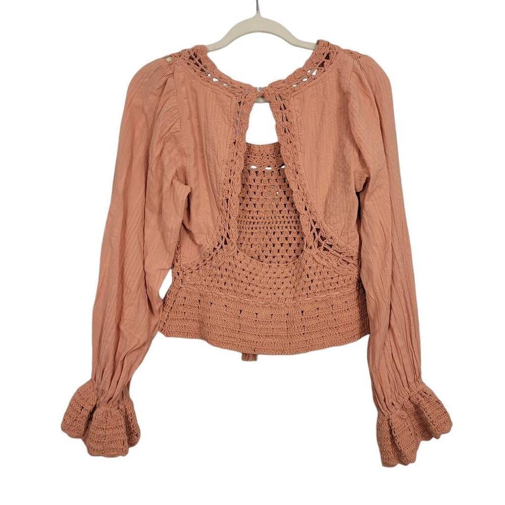 Free People Megan Crochet Open Knit Peplum Puff Sleeve Top Sz XS Coral Sands - Picture 3 of 7